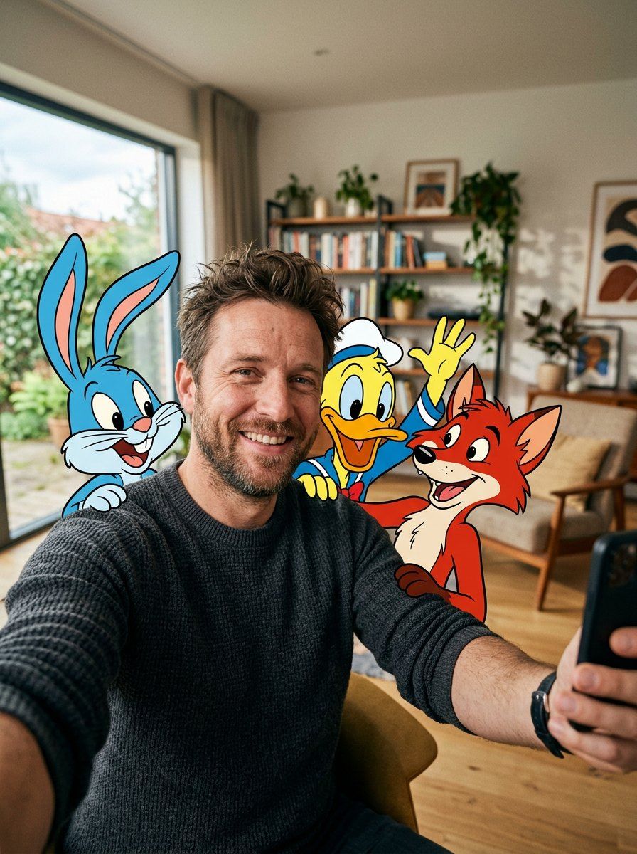 Cartoon Crossover Group Selfie — Portrait AI image prompt example generated with Nano Banana (selfie, crossover)