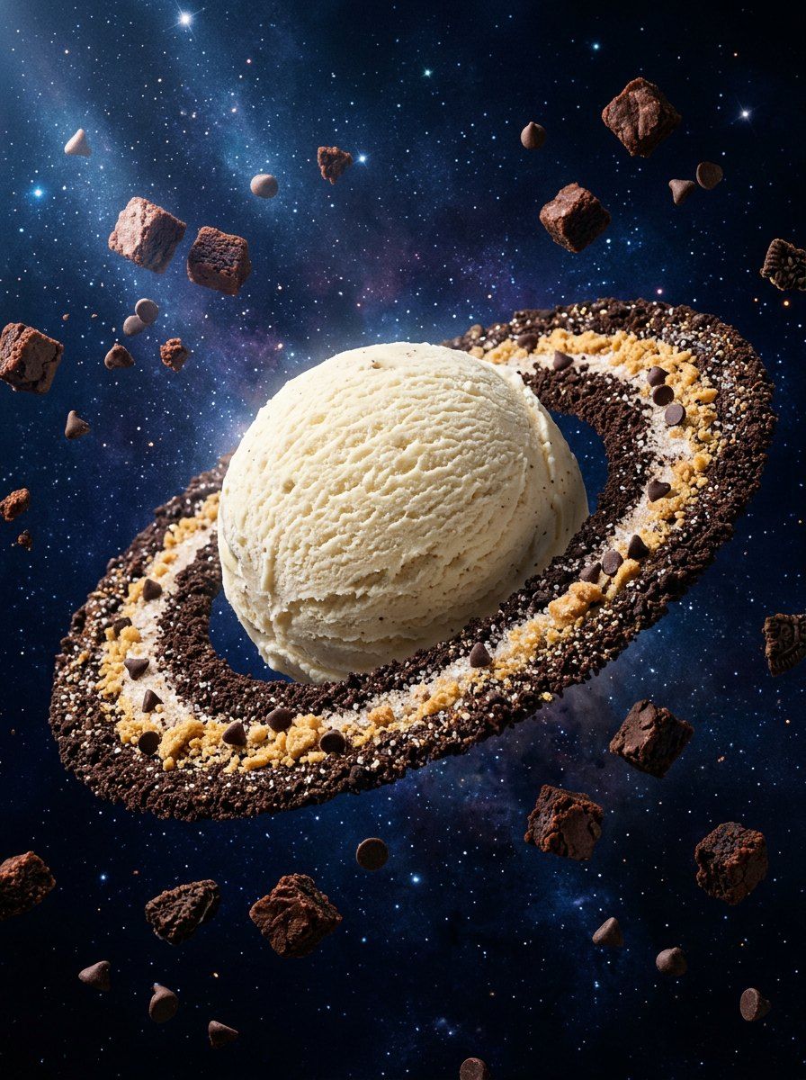 Celestial Ice Cream Planet — Food & Drink AI image prompt example generated with Midjourney (cosmic, concept)