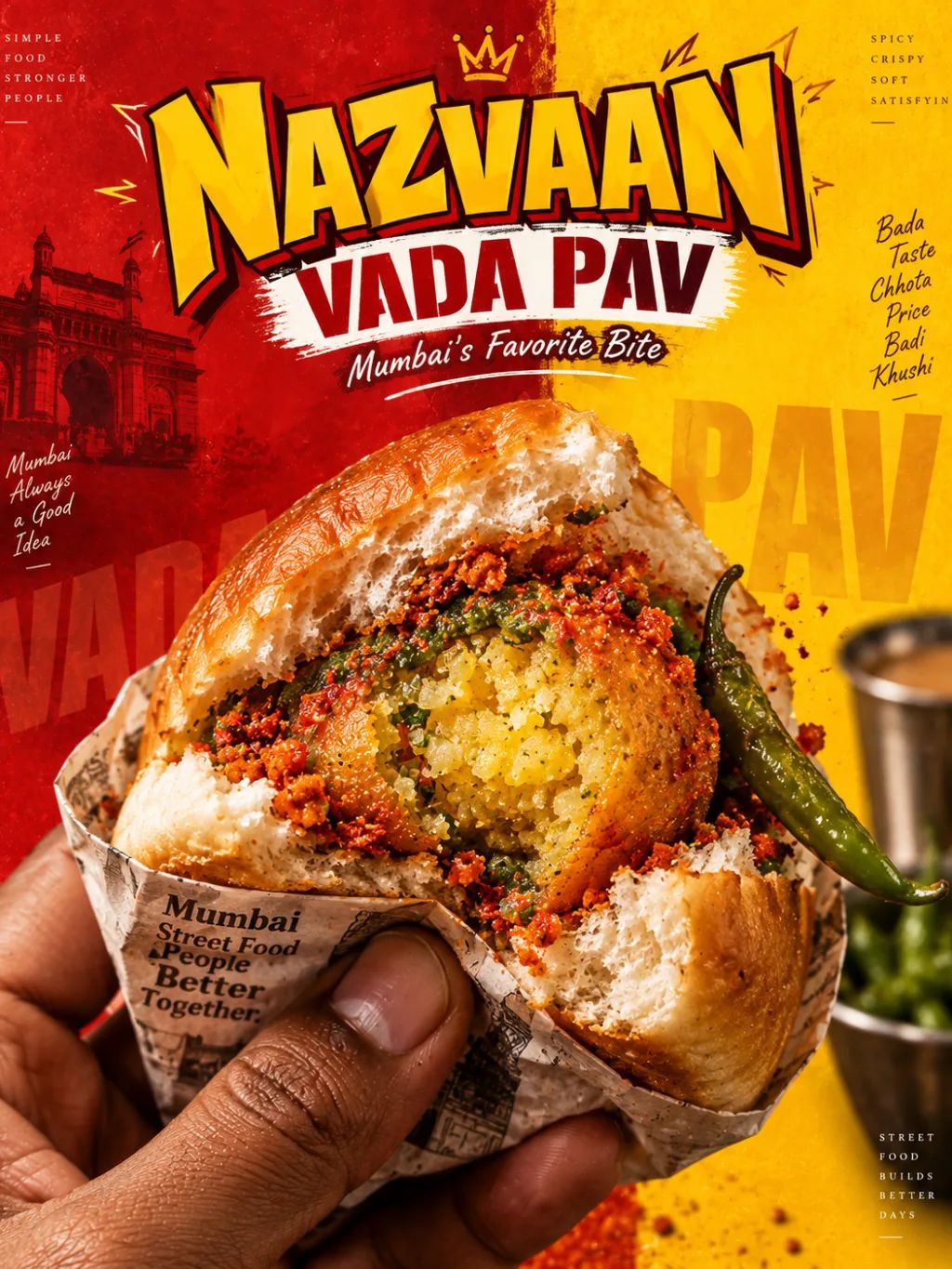 Vada Pav Street Food Poster — Graphic Design AI image prompt example generated with ChatGPT (social poster, vada pav)
