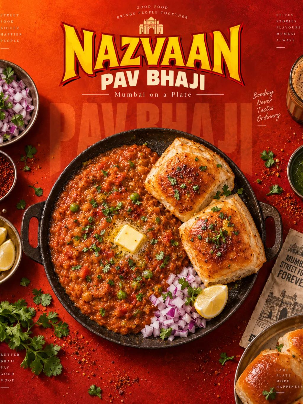 Mumbai Pav Bhaji Poster — Graphic Design AI image prompt example generated with ChatGPT (flat lay, food poster)