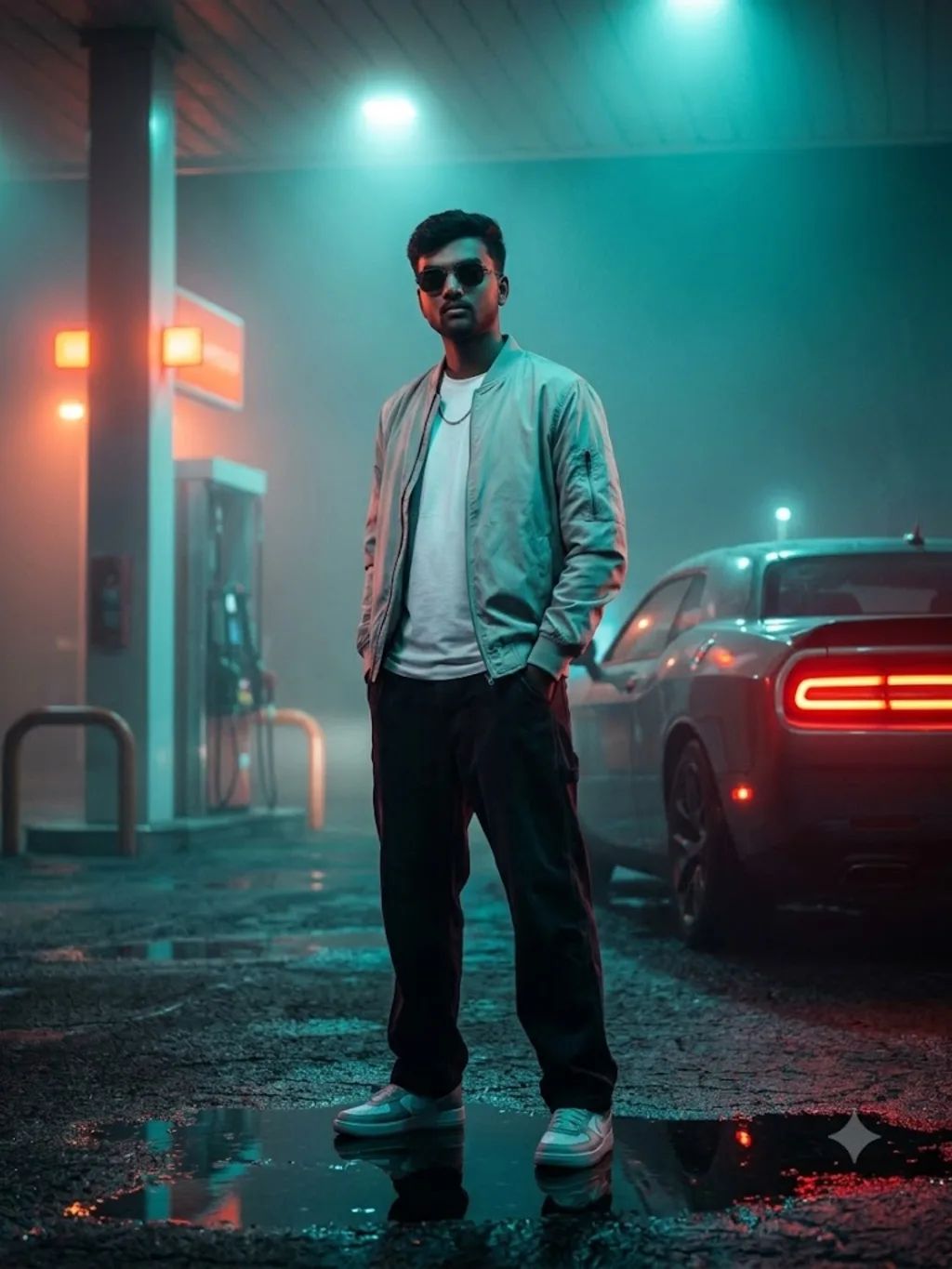 Neon Gas Station Night Editorial — Streetwear AI image prompt example generated with Gemini (neon, cinematic)