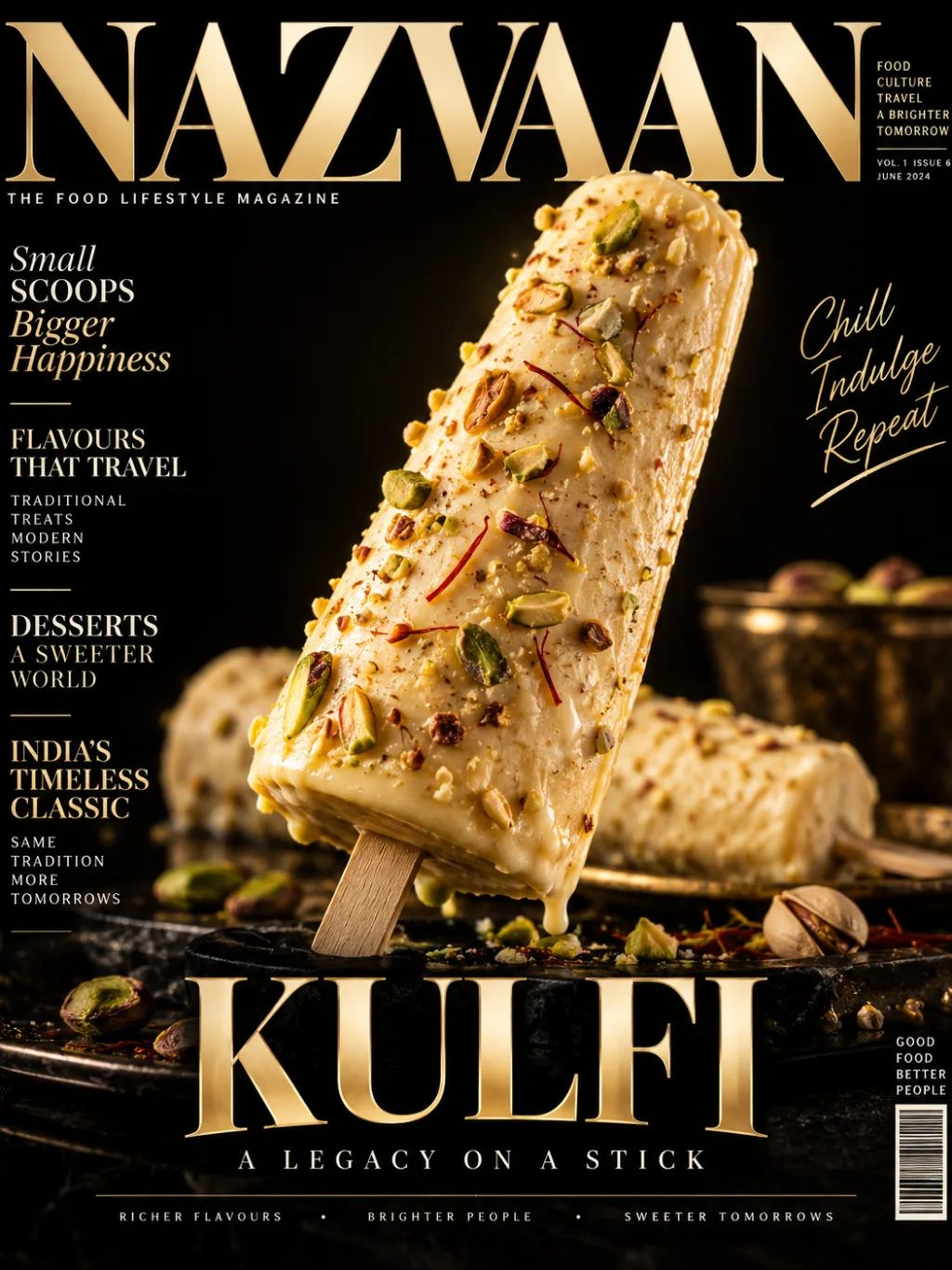 Glamorous Kulfi Magazine Cover — Editorial AI image prompt example generated with ChatGPT (kulfi, magazine cover)