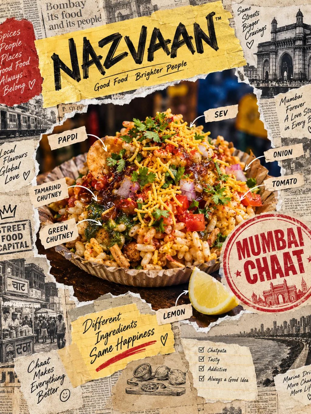 Scrapbook Chaat Collage — Conceptual AI image prompt example generated with ChatGPT (scrapbook, collage)
