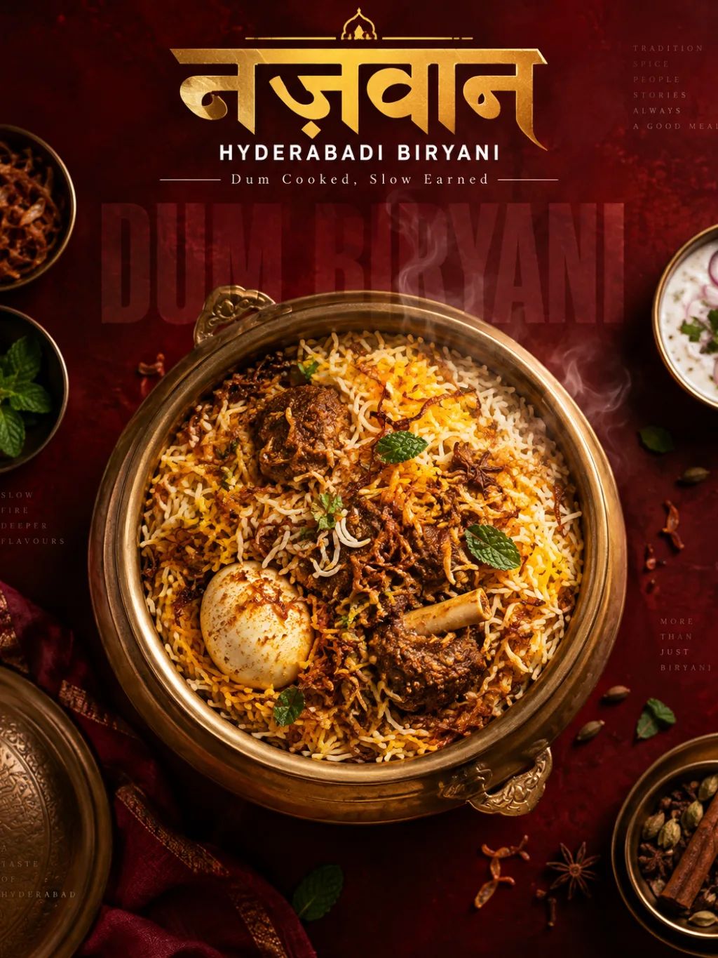 Hyderabadi Biryani Social Poster — Graphic Design AI image prompt example generated with ChatGPT (biryani, flat lay)