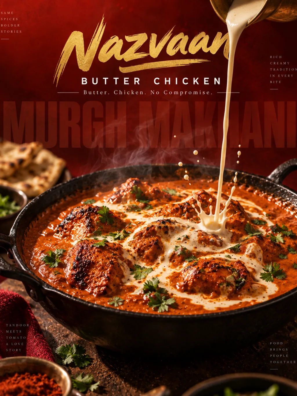 Butter Chicken Poster — Graphic Design AI image prompt example generated with ChatGPT (butter chicken, social poster)