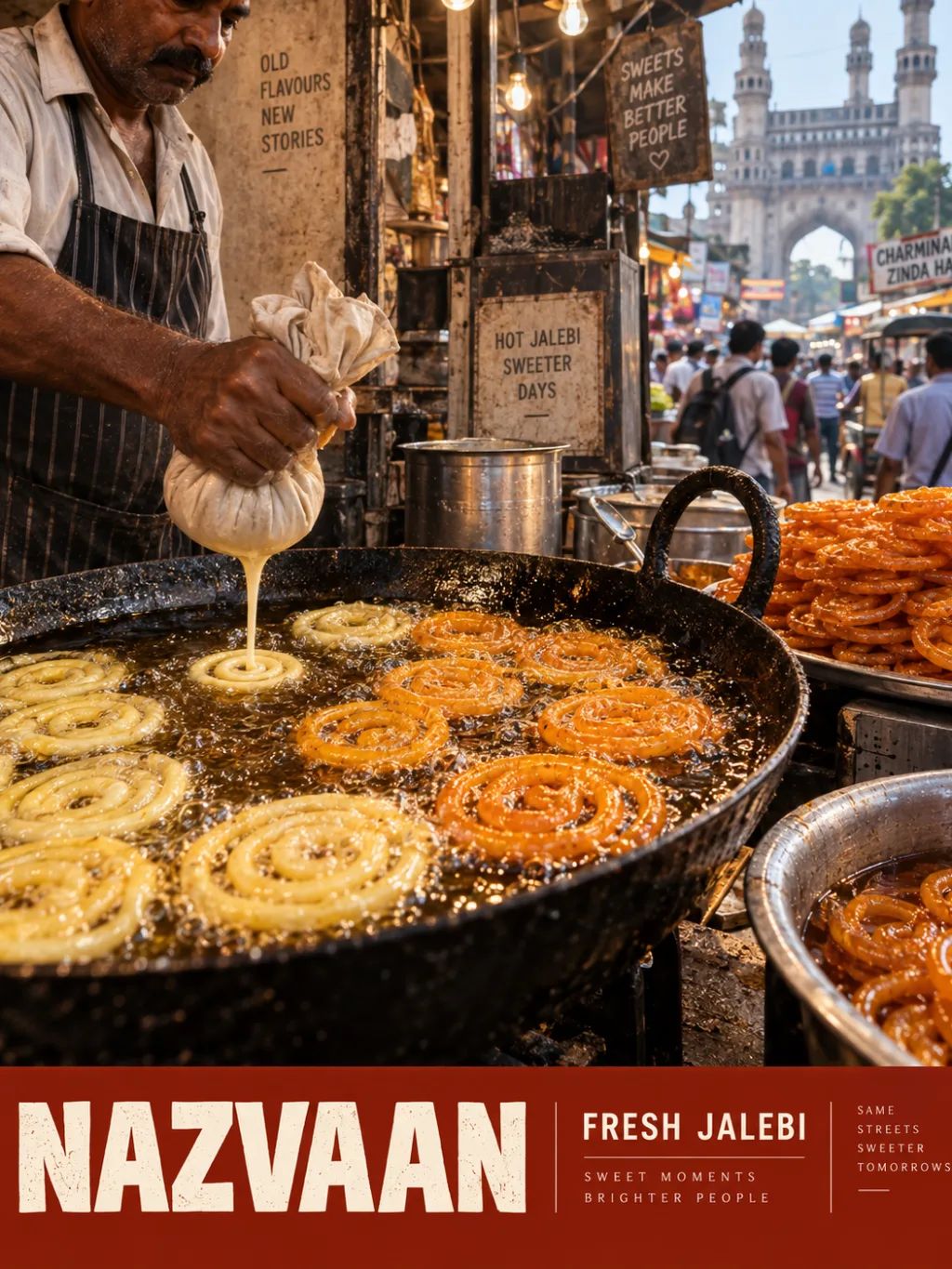 Street Food Vendor Poster — Lifestyle AI image prompt example generated with ChatGPT (jalebi, street vendor)