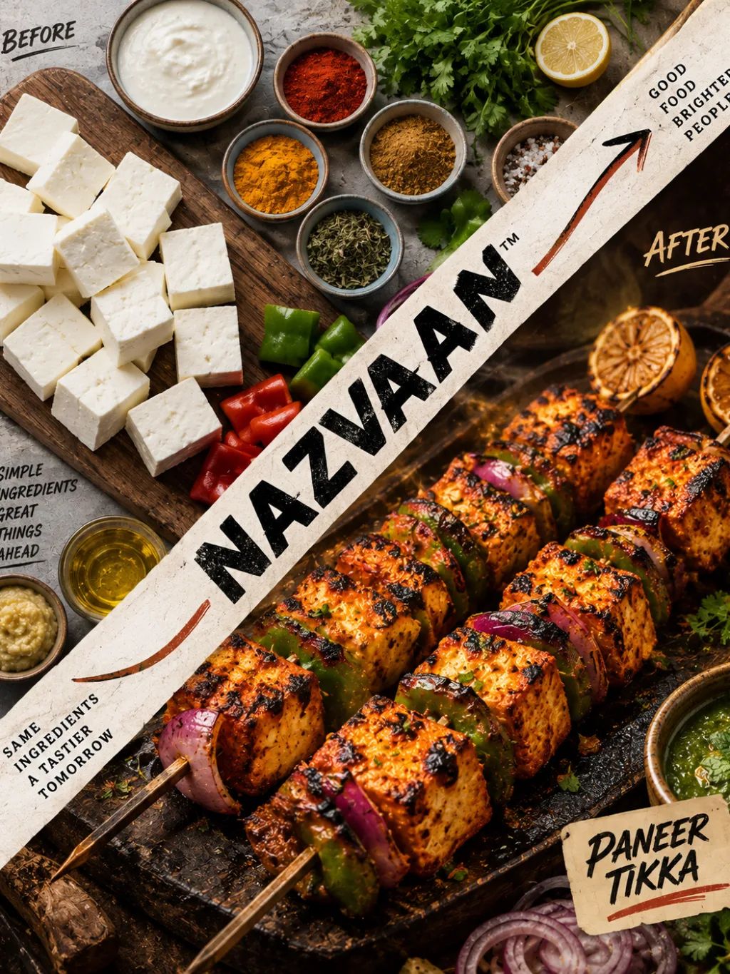 Paneer Tikka Split Poster — Editorial AI image prompt example generated with ChatGPT (poster, paneer tikka)