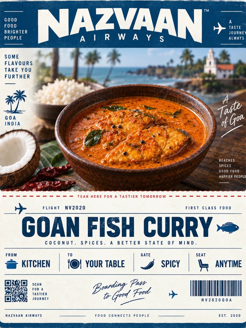Goan Fish Curry Boarding Pass — Travel AI image prompt example generated with ChatGPT (boarding pass, poster)