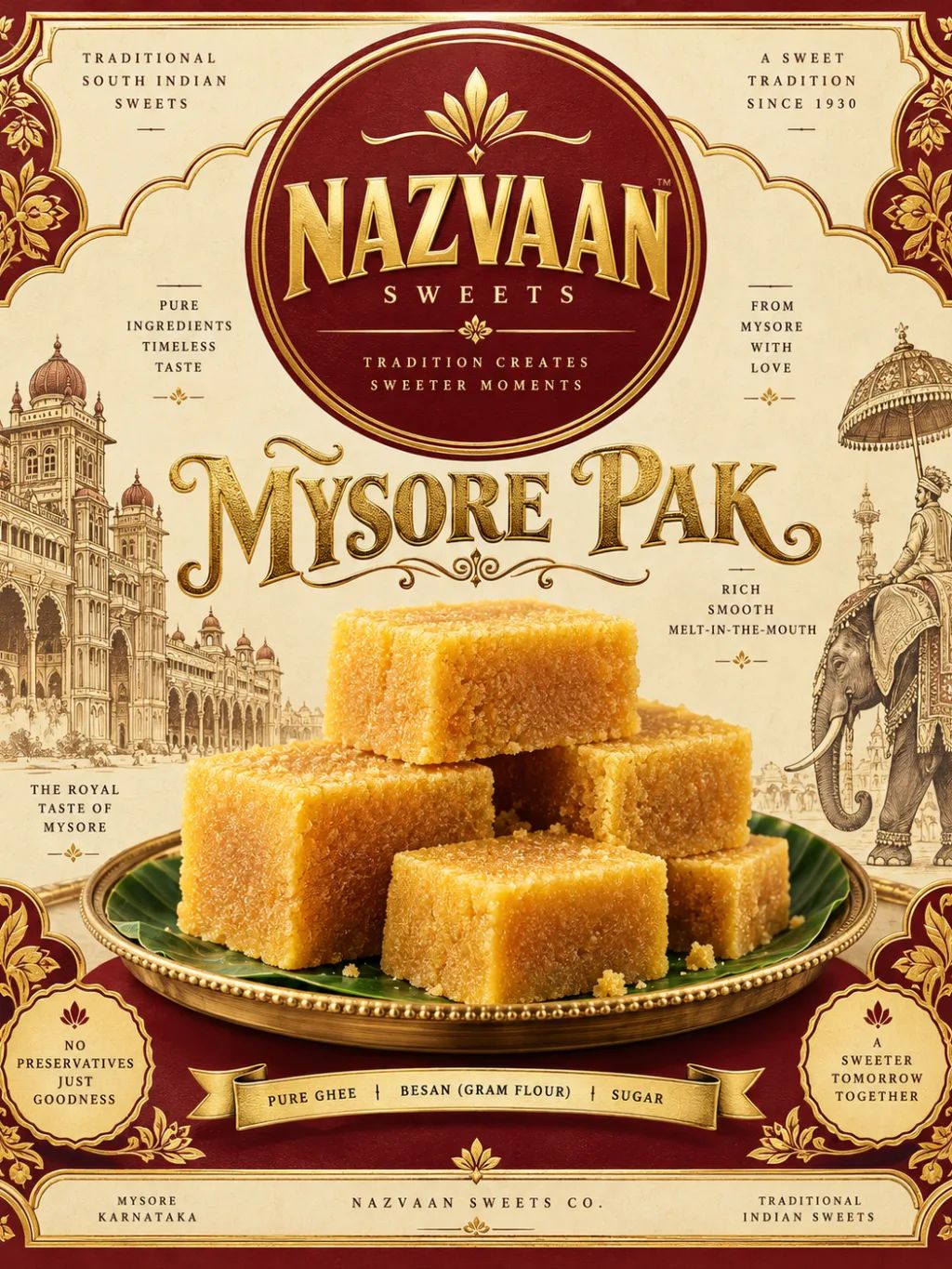 Mysore Pak Packaging Design — Graphic Design AI image prompt example generated with ChatGPT (packaging, label)