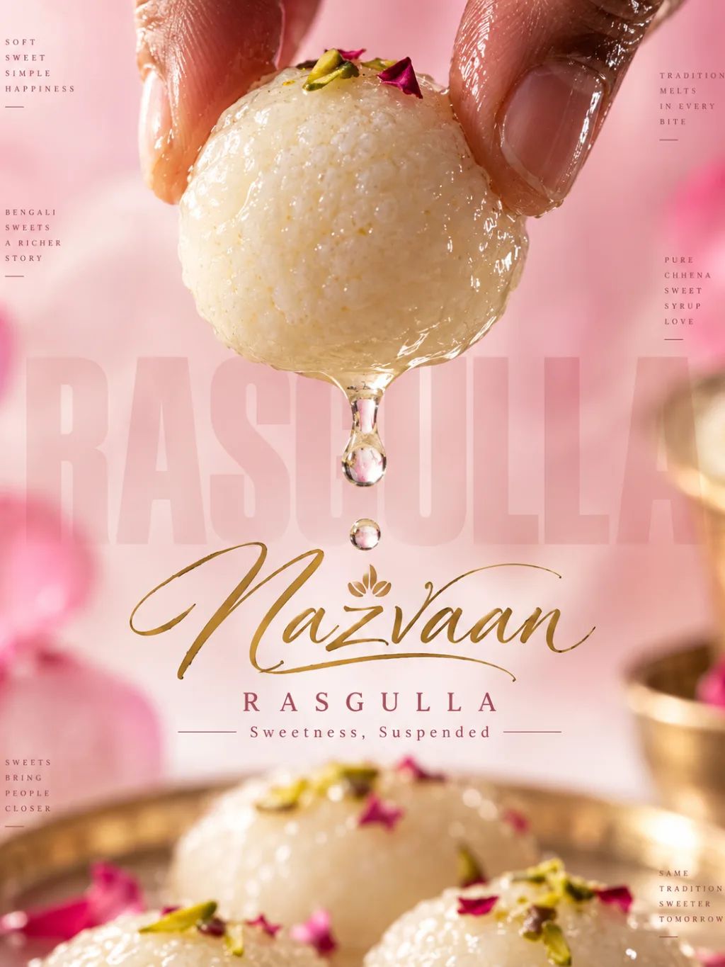 Sweetness Suspended Poster — Editorial AI image prompt example generated with ChatGPT (rasgulla, macro)