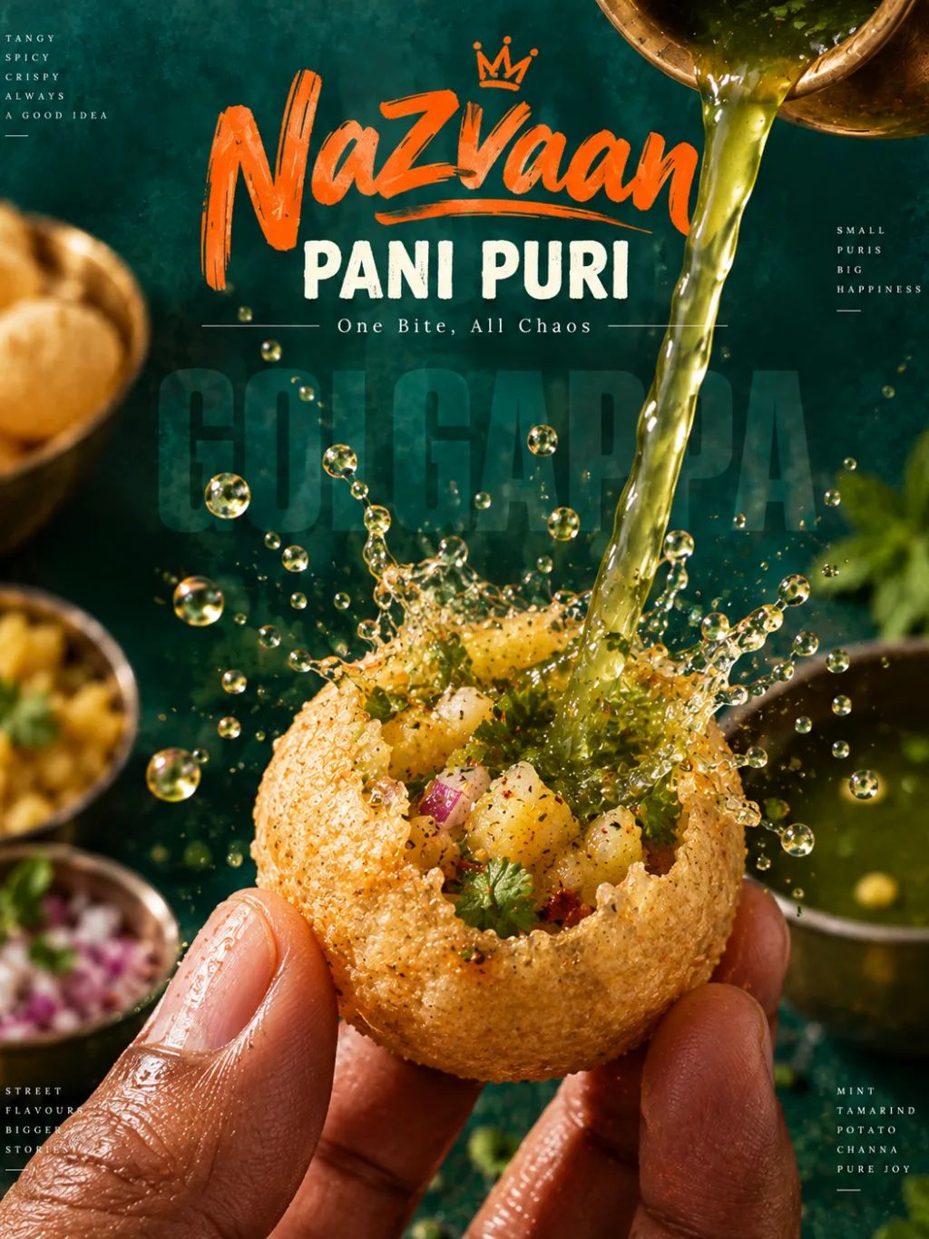 Pani Puri Poster — Graphic Design AI image prompt example generated with ChatGPT (pani puri, street food)