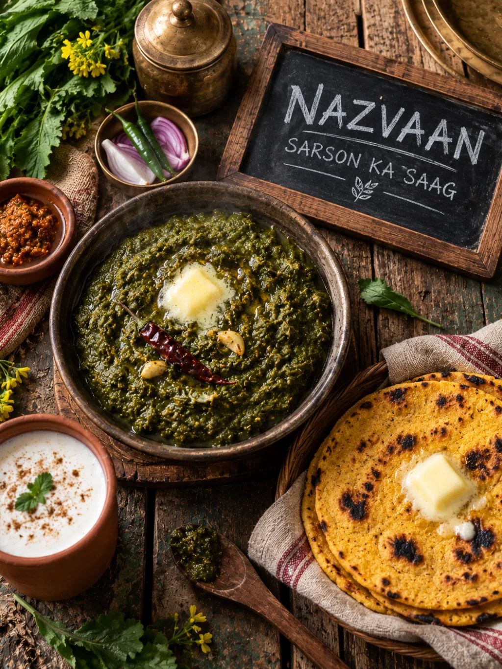 Sarson Ka Saag Flat Lay — Lifestyle AI image prompt example generated with ChatGPT (flat lay, punjabi food)