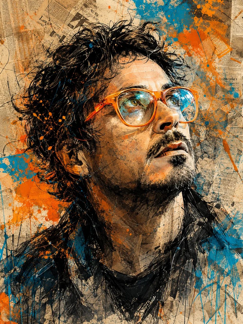 Expressive Newspaper Paint Portrait — Portrait AI image prompt example generated with Nano Banana (mixed media, abstract)