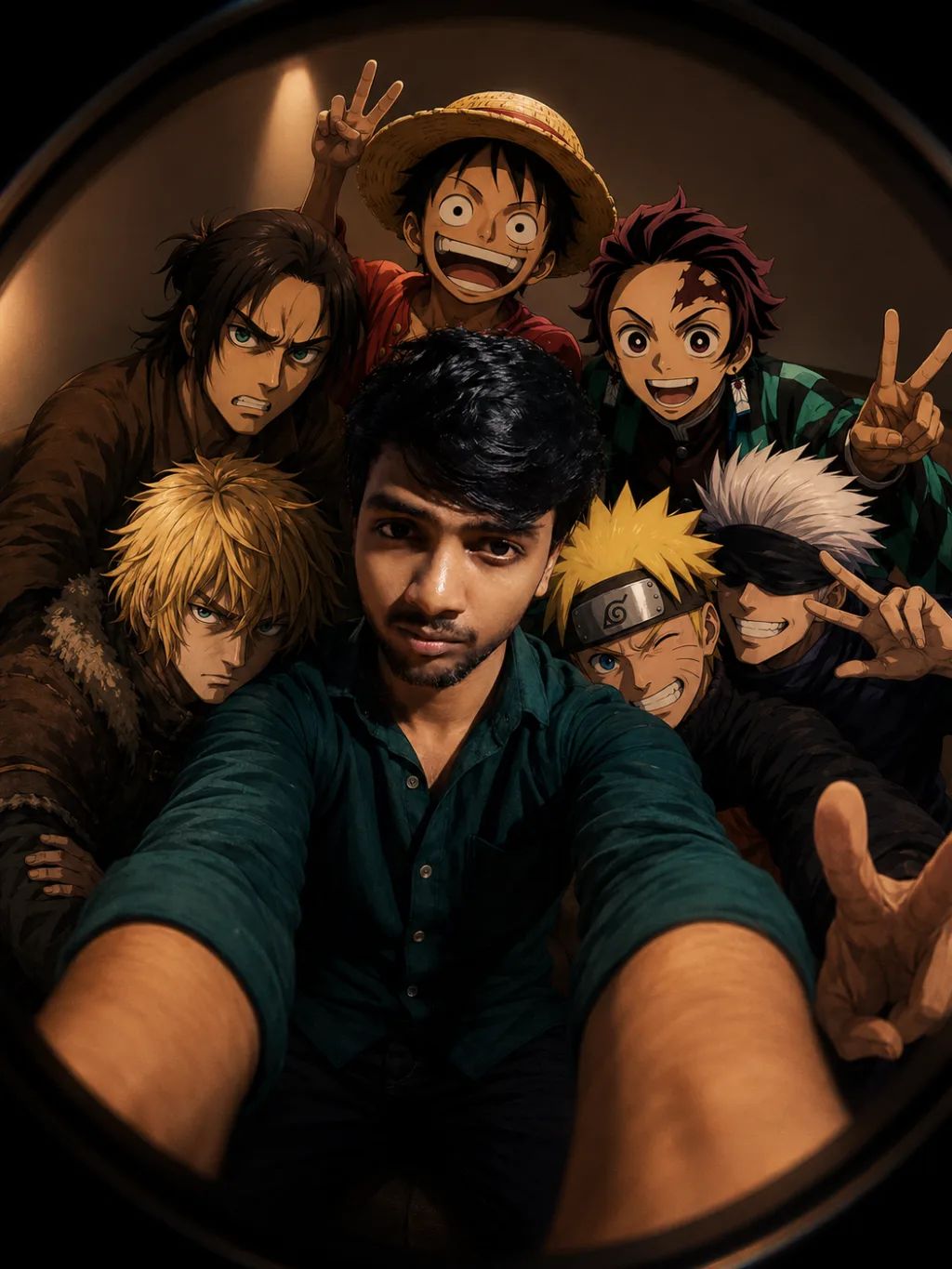 Dark Fisheye Character Selfie — Portrait AI image prompt example generated with Nano Banana (fisheye, moody)