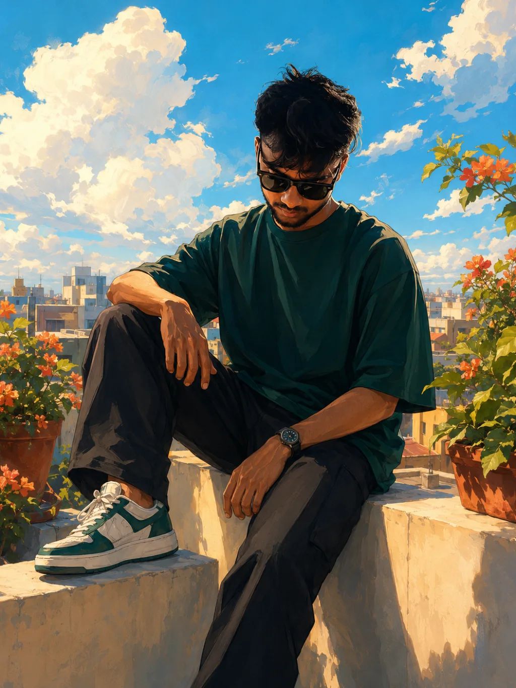 Anime Rooftop Theme- Cinematic Vector Style — Portrait AI image prompt example generated with ChatGPT (Anime, Cinematic)