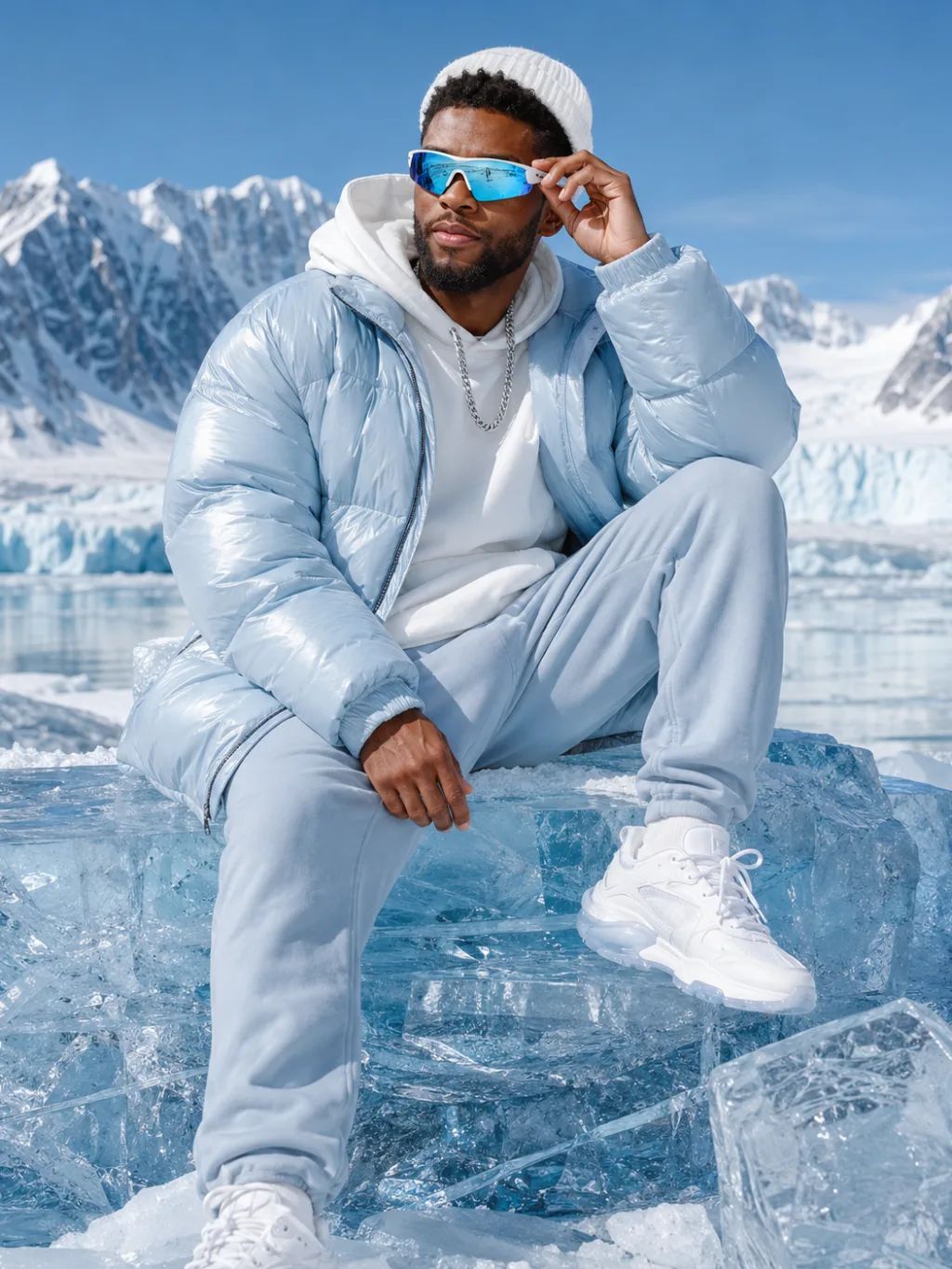 Arctic Ice Streetwear Shoot — Streetwear AI image prompt example generated with ChatGPT (arctic, puffer jacket)