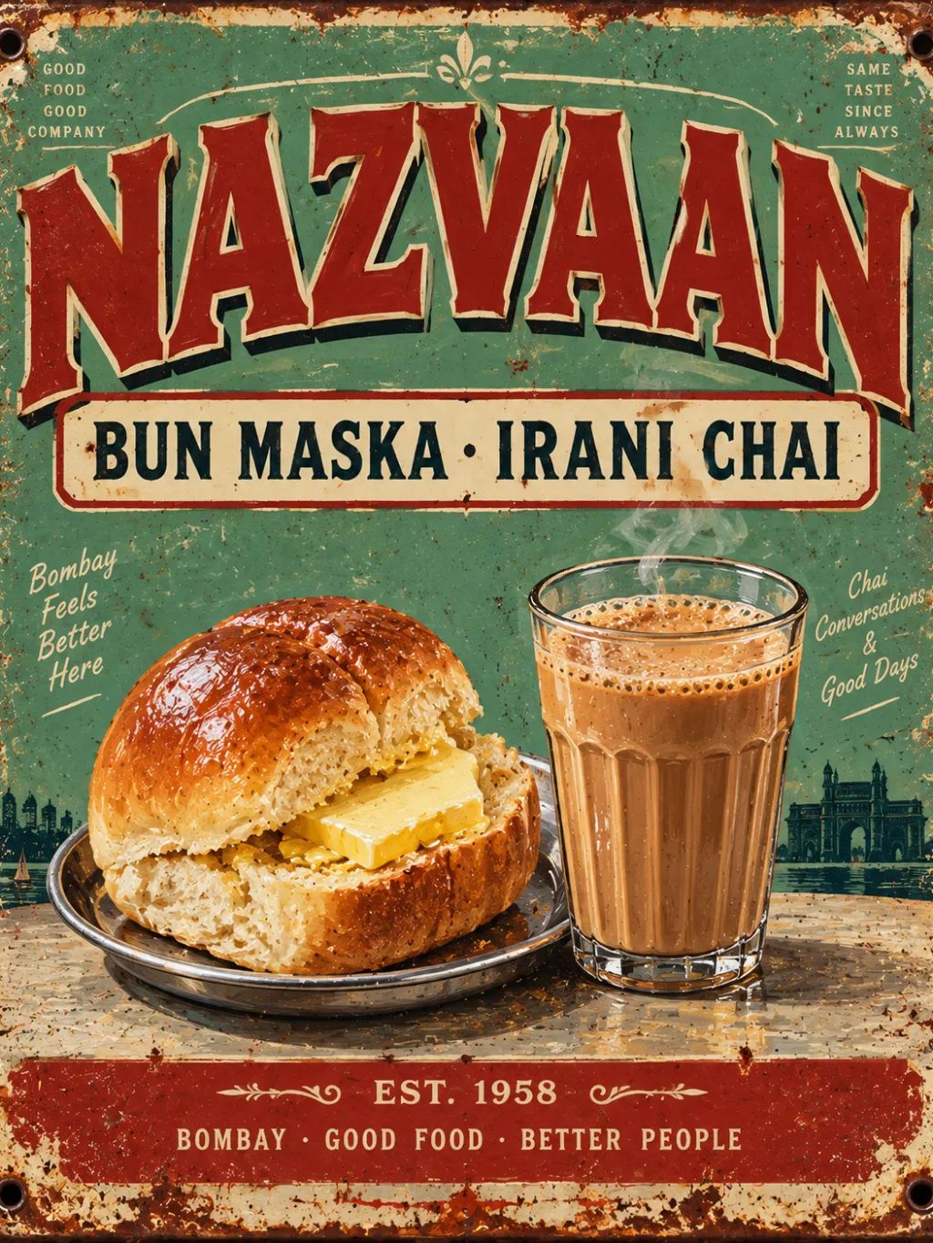1960s Bombay Irani Cafe Poster — Graphic Design AI image prompt example generated with ChatGPT (vintage poster, irani cafe)