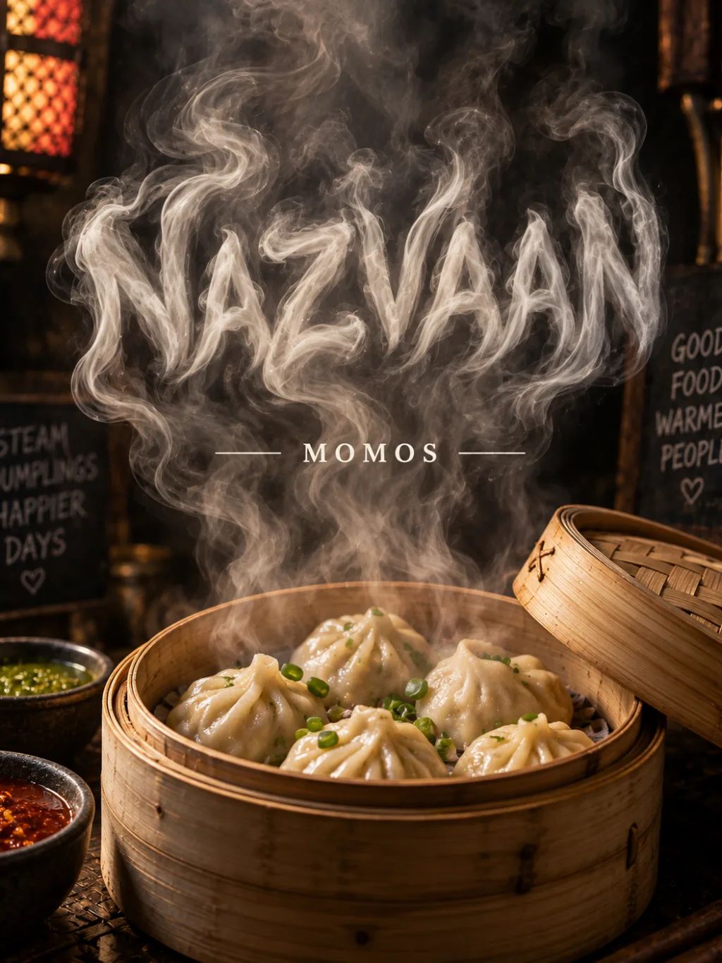 Steam Typography Momo Poster — Conceptual AI image prompt example generated with ChatGPT (steamer, momos)
