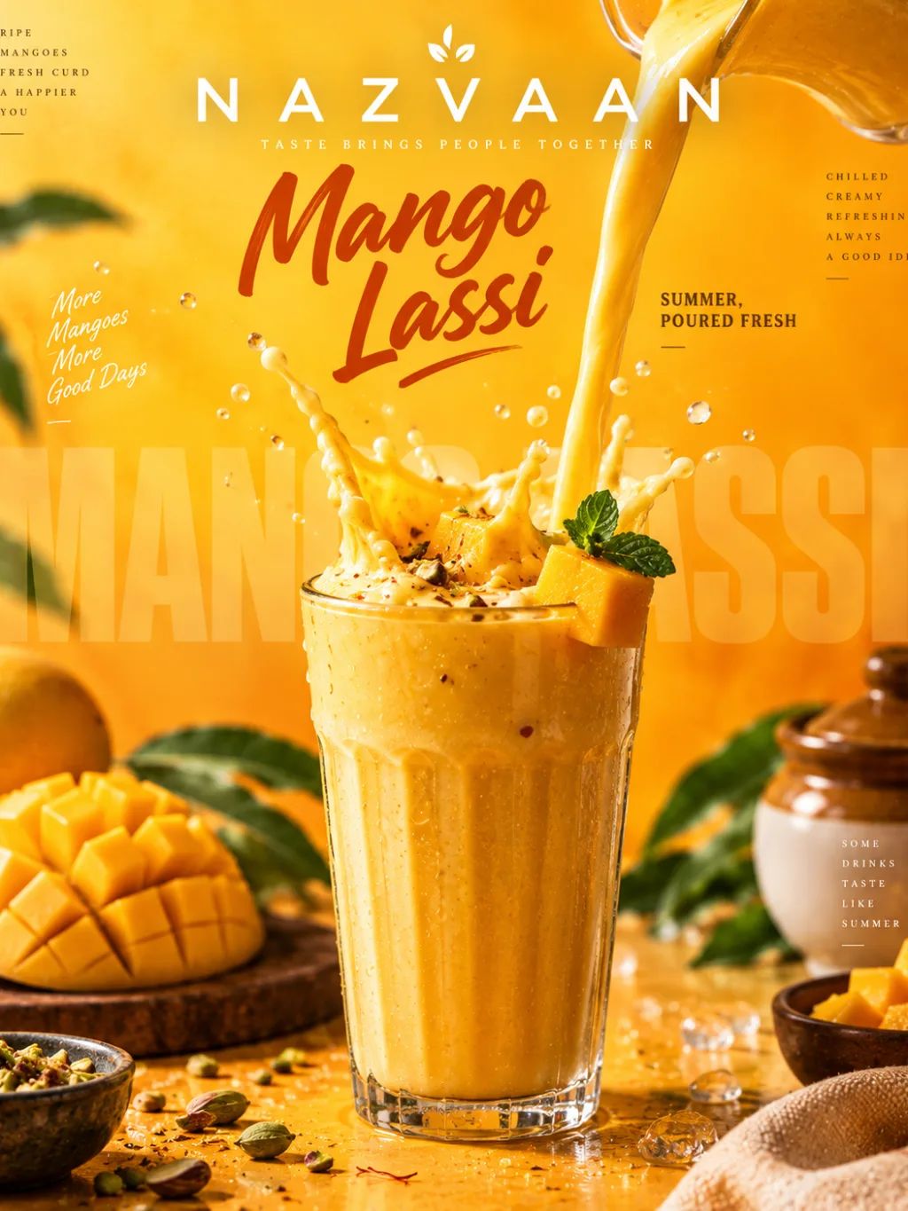 Mango Lassi Social Poster — Graphic Design AI image prompt example generated with ChatGPT (mango lassi, beverage)