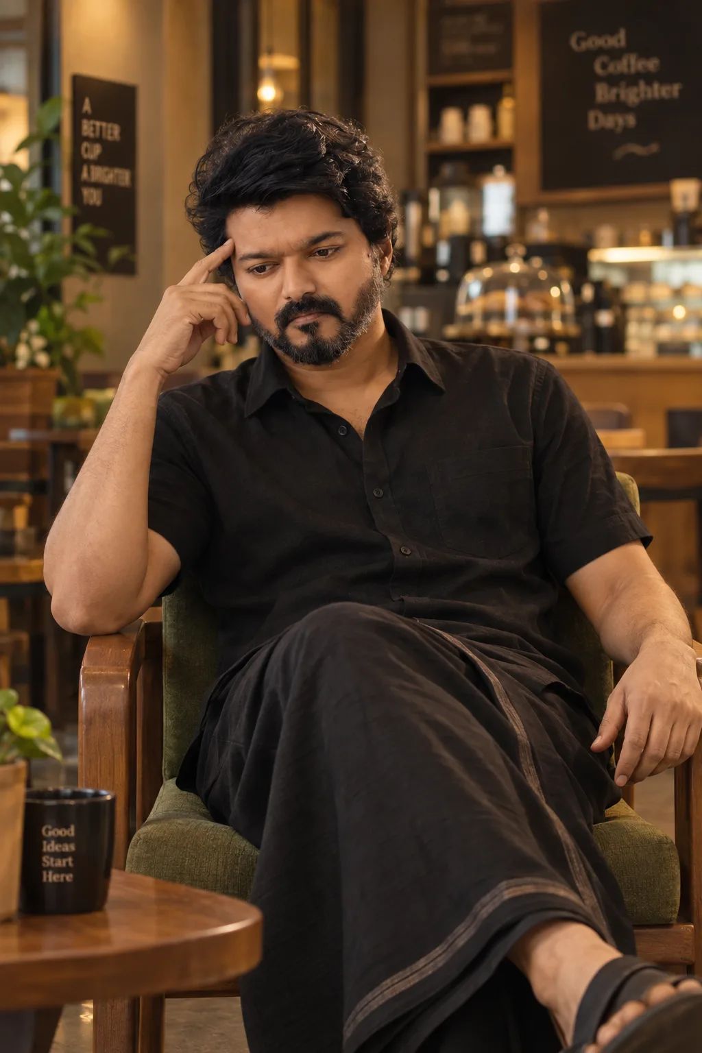 Cozy Cafe Black Dhoti Portrait — Portrait AI image prompt example generated with ChatGPT (cafe, warm light)
