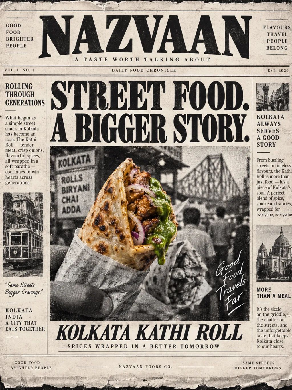 Vintage Newspaper Kathi Roll — Retro AI image prompt example generated with ChatGPT (newspaper, vintage)