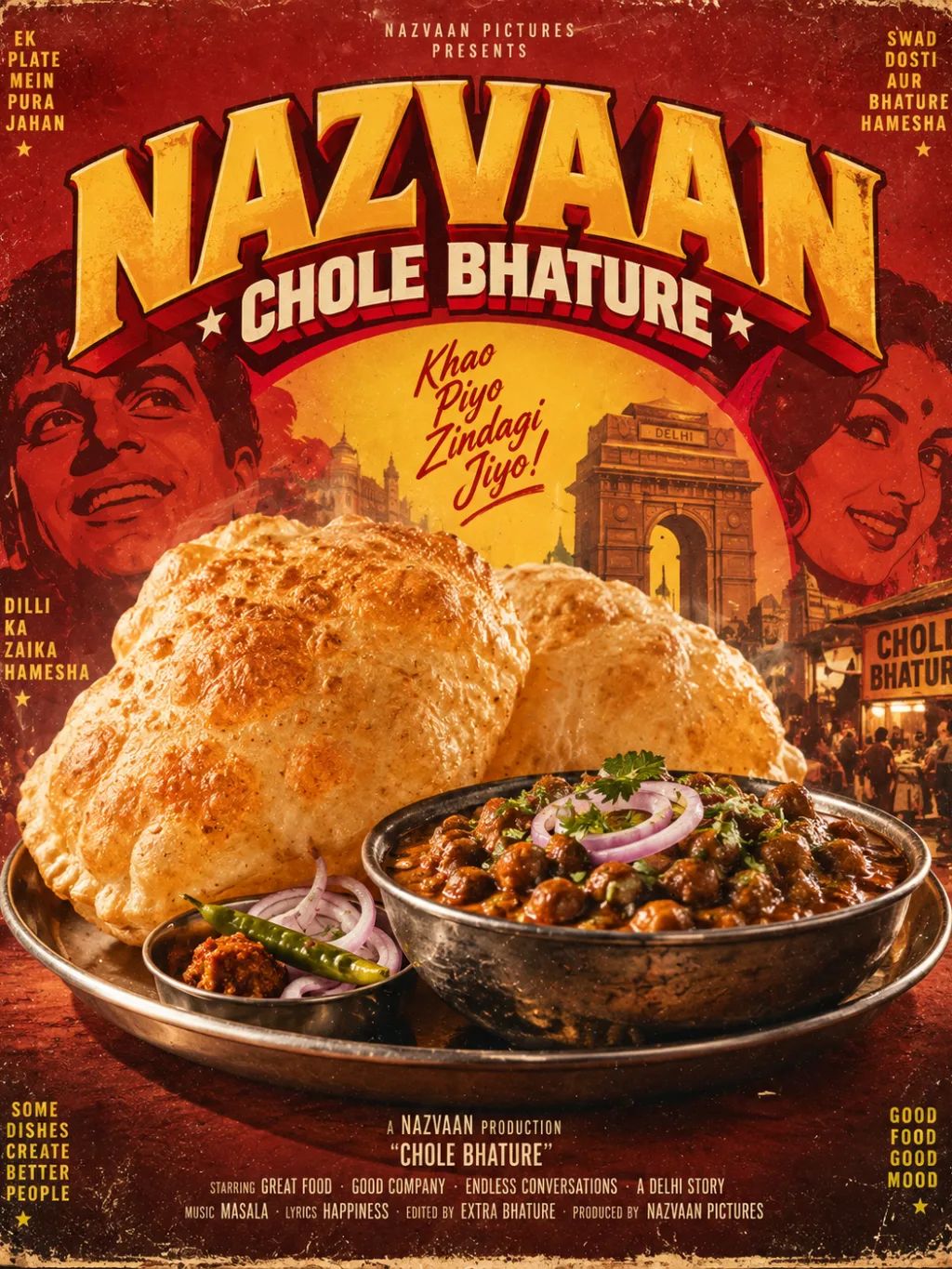 70s Bollywood Food Poster — Retro AI image prompt example generated with ChatGPT (chole bhature, bollywood)