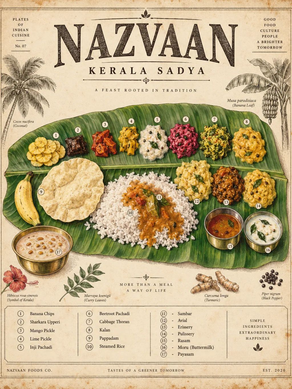 Botanical Sadya Feast — Conceptual AI image prompt example generated with ChatGPT (botanical illustration, banana leaf)