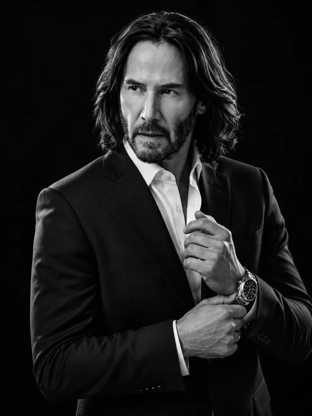 Dramatic Suit and Chronograph Watch Portrait — Portrait AI image prompt example generated with ChatGPT (black-and-white, editorial)