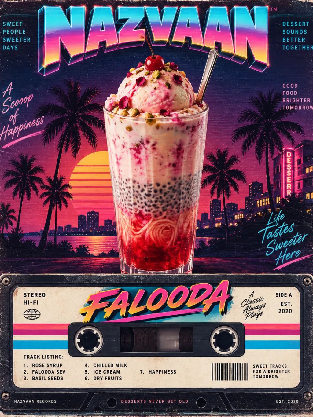 80s Falooda Cassette Poster — Retro AI image prompt example generated with ChatGPT (falooda, 1980s)