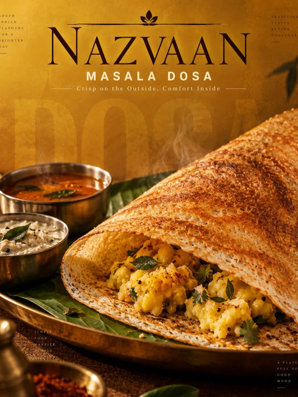 Masala Dosa Social Poster — Graphic Design AI image prompt example generated with ChatGPT (masala dosa, food poster)