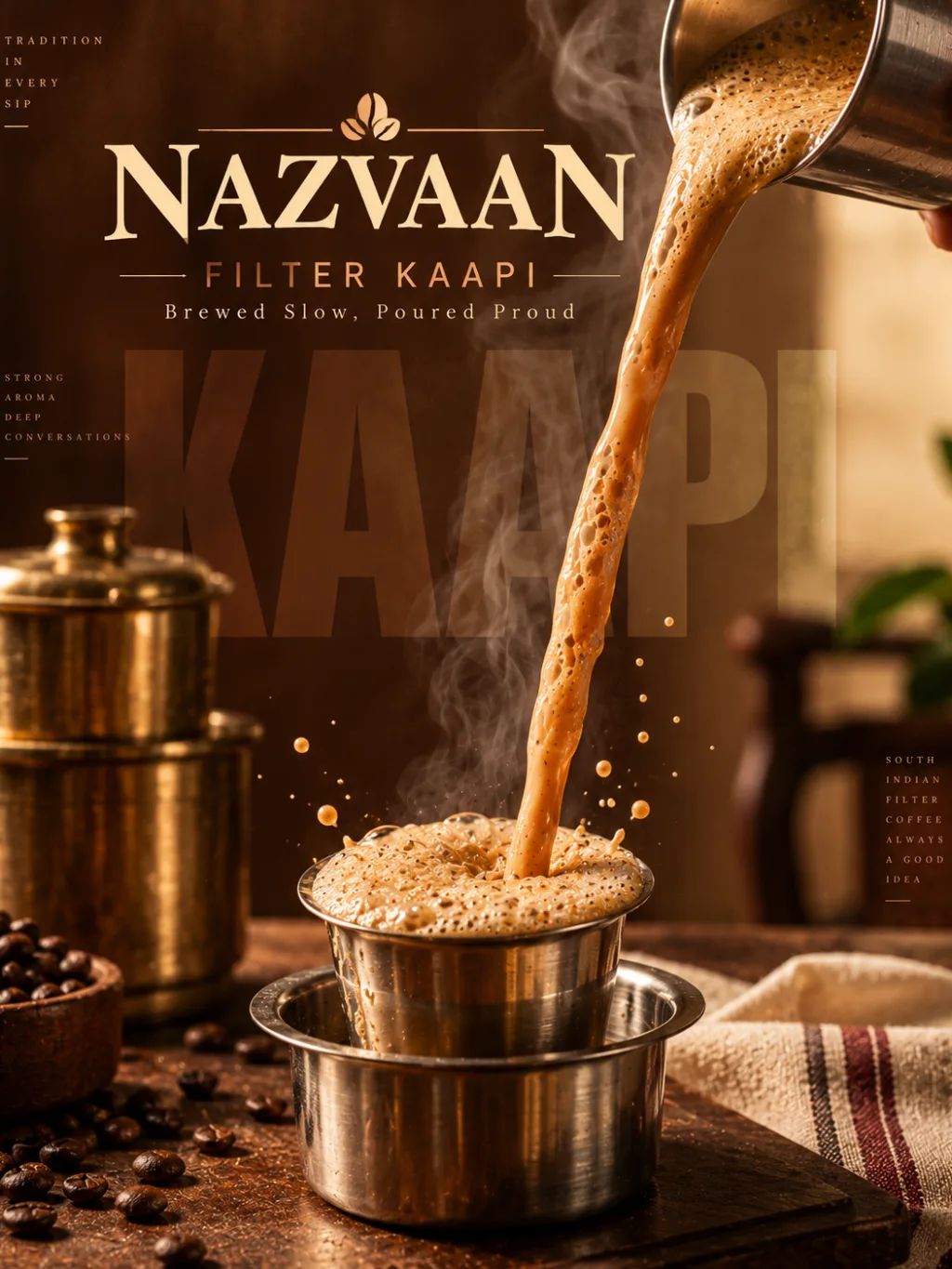 South Indian Filter Kaapi Poster — Graphic Design AI image prompt example generated with ChatGPT (filter kaapi, coffee poster)