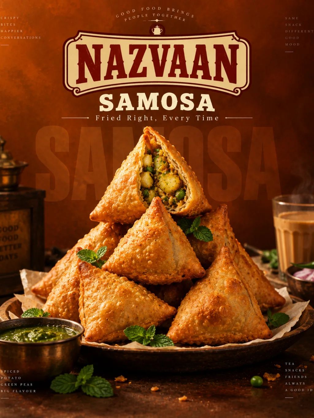 Retro Samosa Poster — Graphic Design AI image prompt example generated with ChatGPT (samosa, poster)