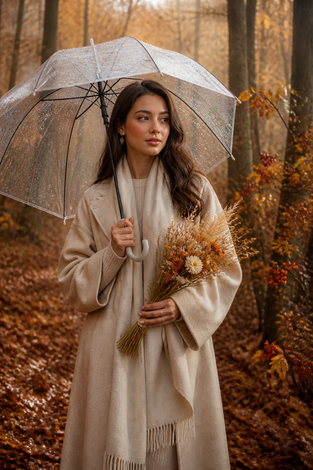 Autumn Rain Portrait — Portrait AI image prompt example generated with Gemini (autumn, rain)