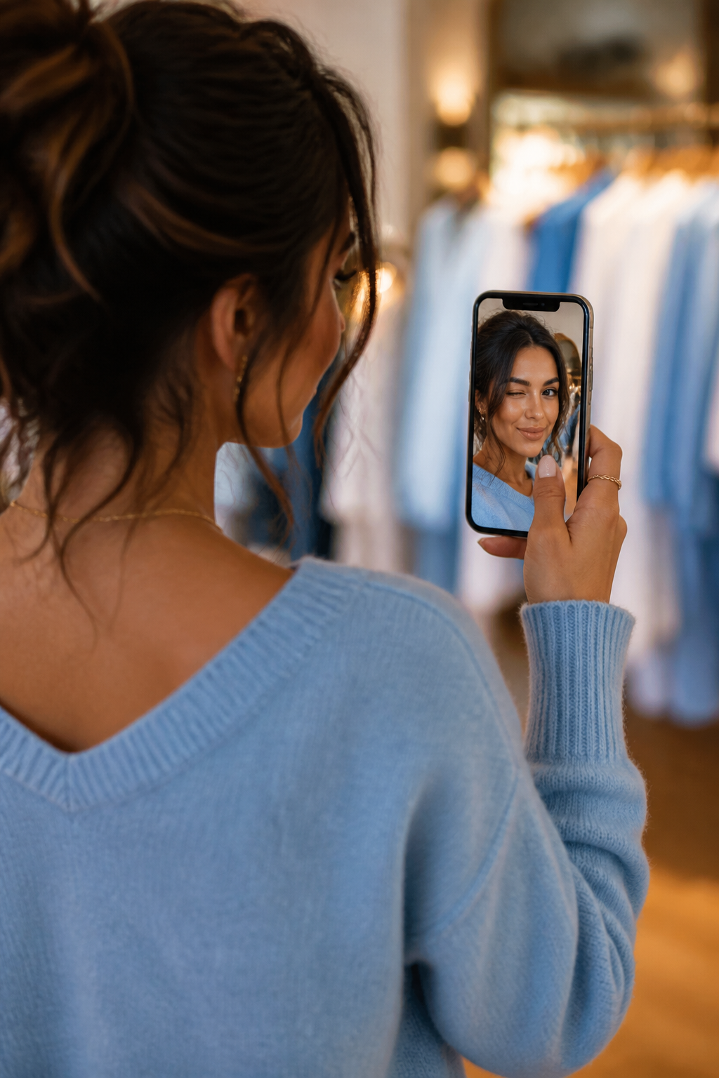 Boutique Selfie Reflection — Portrait AI image prompt example generated with Midjourney (portrait, reflection)