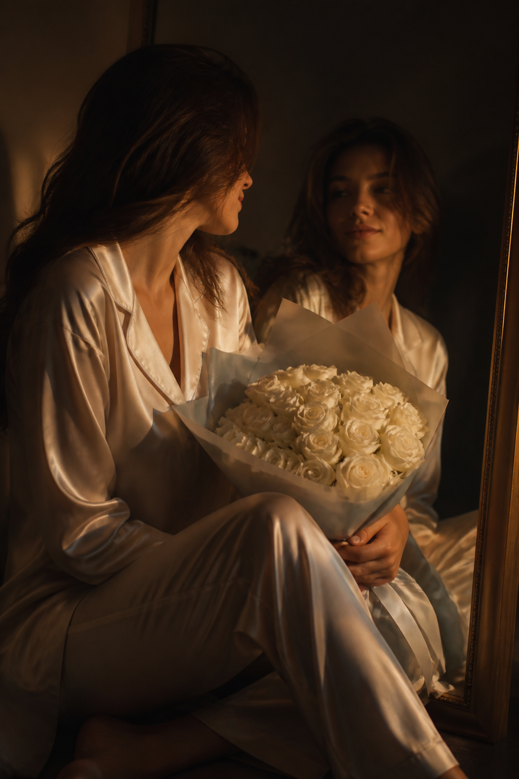 Cozy Morning Reflections — Portrait AI image prompt example generated with Nano Banana (portrait, white roses)