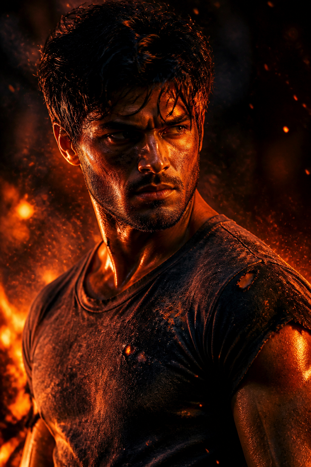 Dramatic Fire Portrait — Cinematic AI image prompt example generated with Gemini (cinematic, portrait)