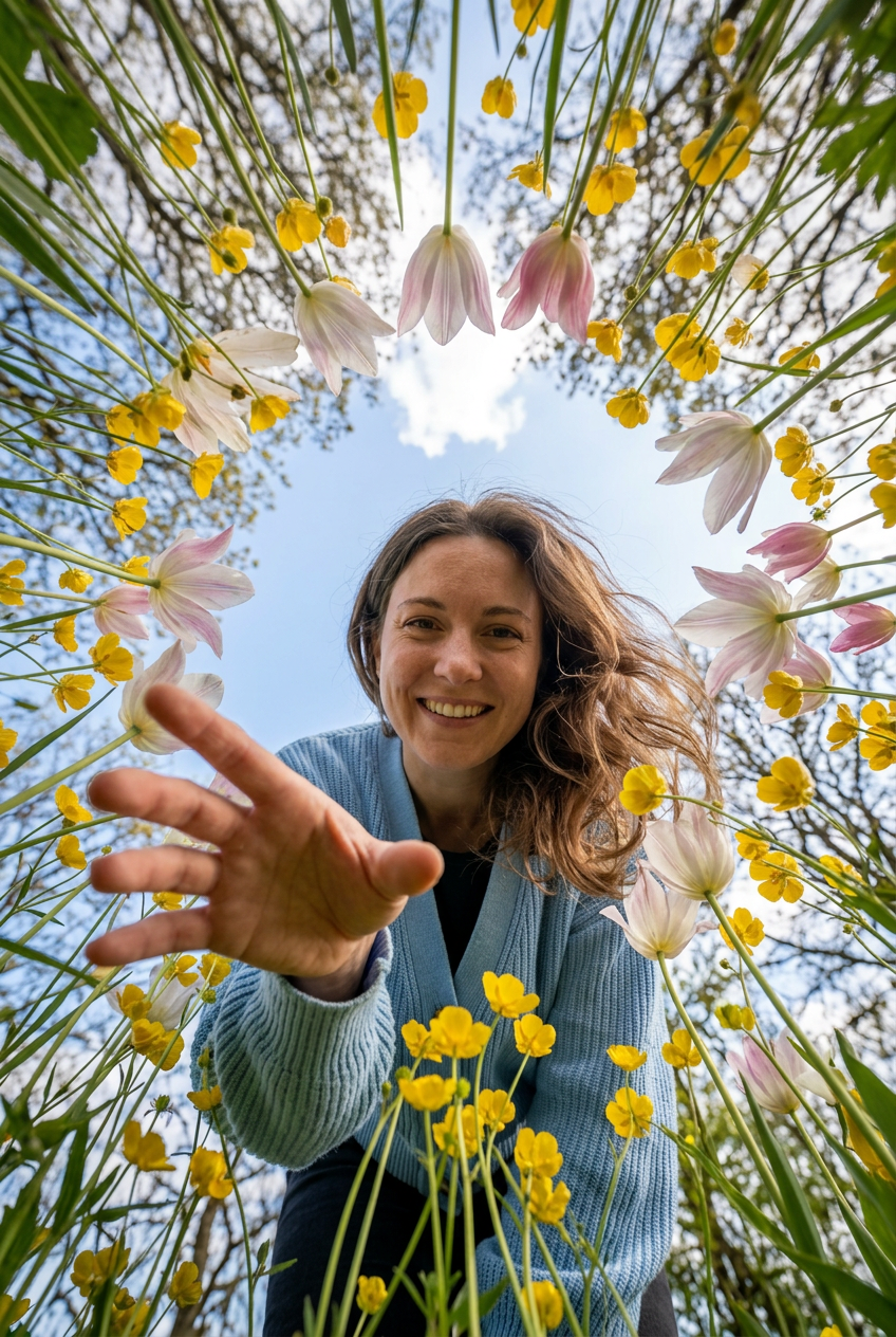 Floral Low Angle — Portrait AI image prompt example generated with Gemini (flower frame, low angle)