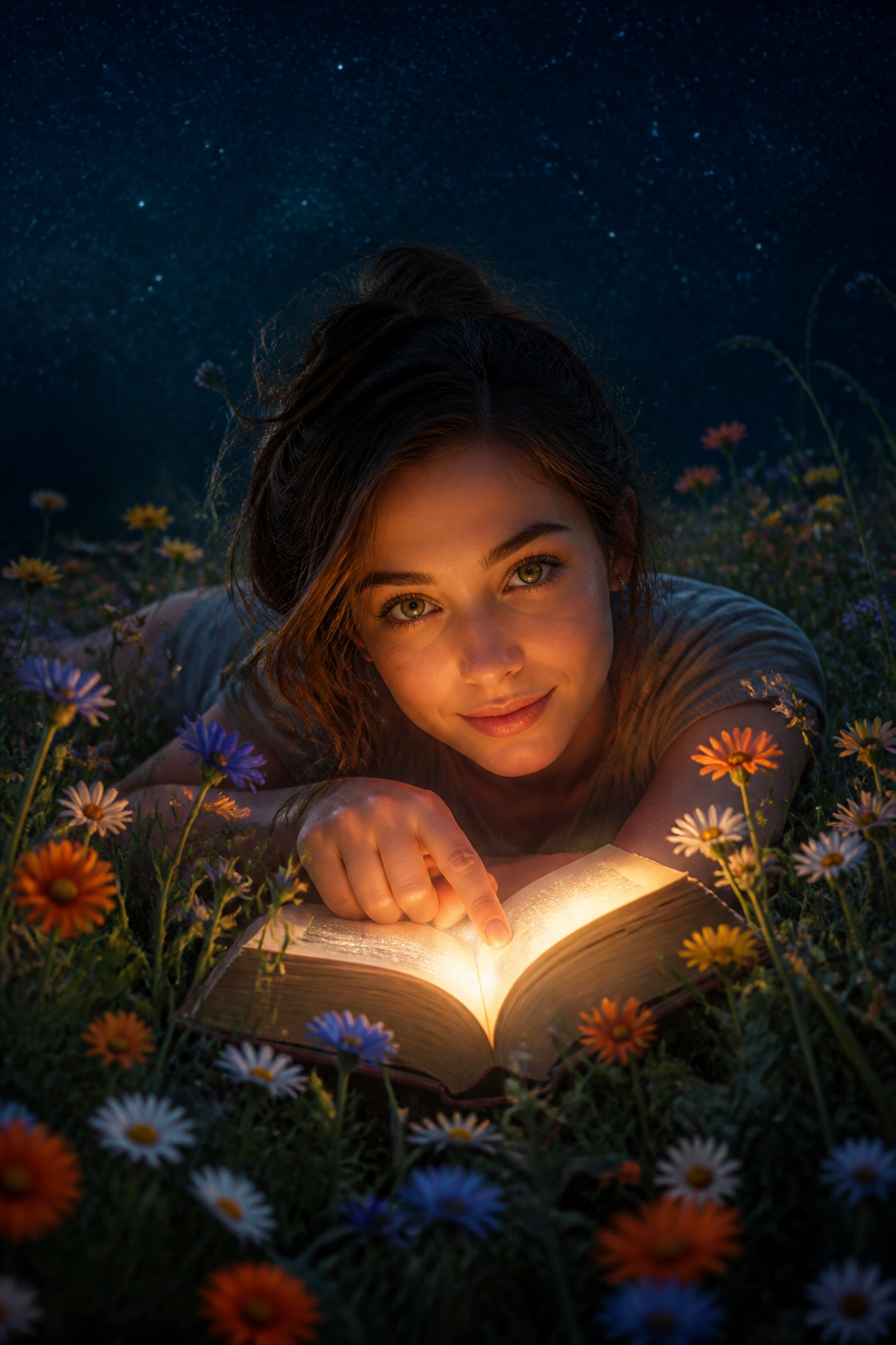 Glowing Book Reading — Fantasy AI image prompt example generated with Gemini (glowing book, starry sky)