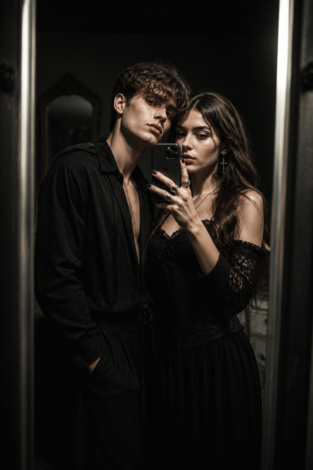 Gothic Mirror Selfie — Selfie AI image prompt example generated with Nano Banana (gothic, mirror selfie)