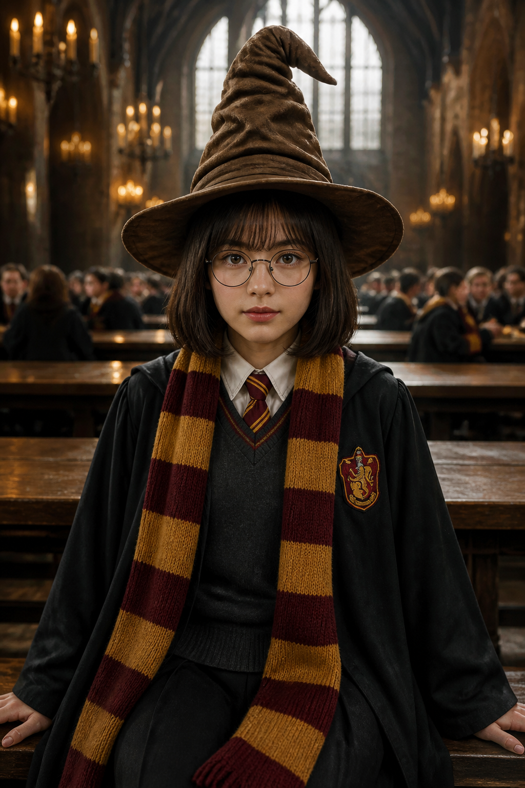 Great Hall Wizard — Fantasy AI image prompt example generated with Gemini (wizard, gryffindor)