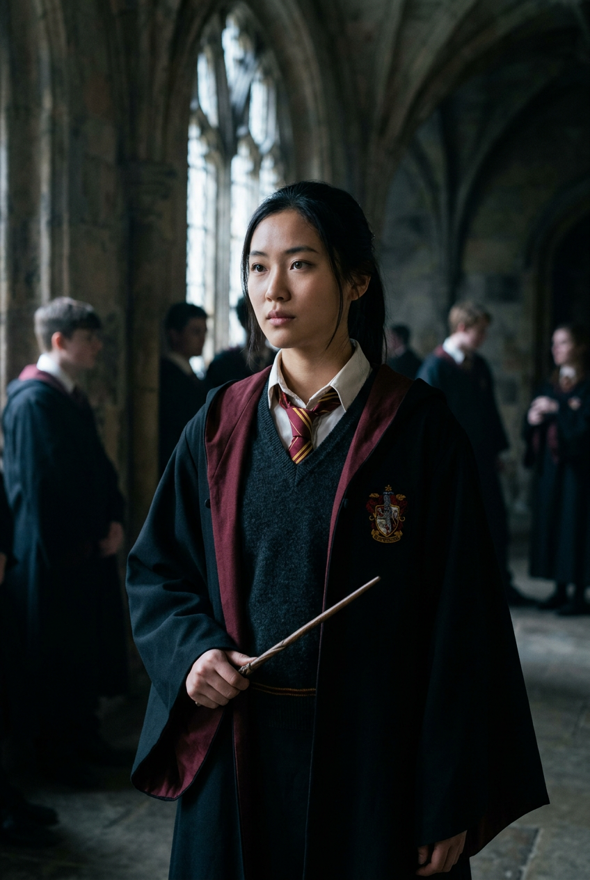 Hogwarts Student Portrait — Fantasy AI image prompt example generated with Gemini (hogwarts, gryffindor)