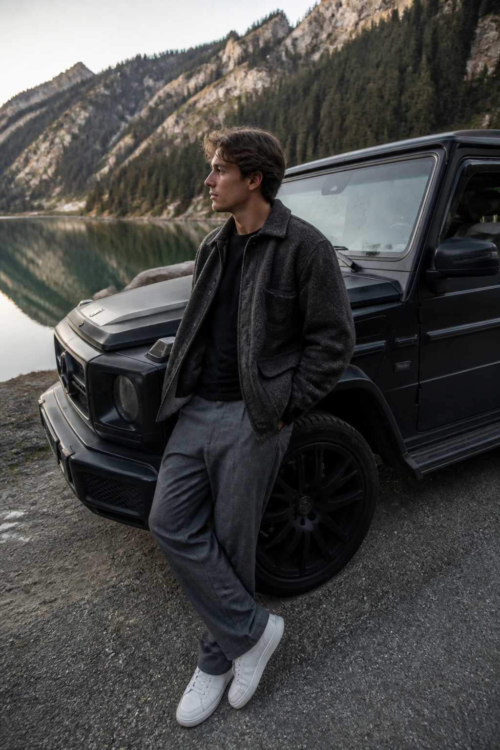 Lakeside SUV Candid — Portrait AI image prompt example generated with Gemini (candid, g-wagon)