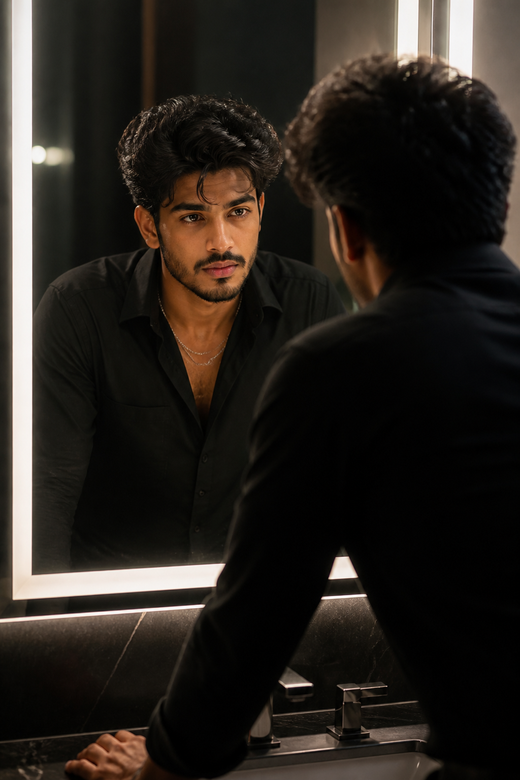 LED Mirror Portrait — Portrait AI image prompt example generated with Nano Banana (portrait, mirror)