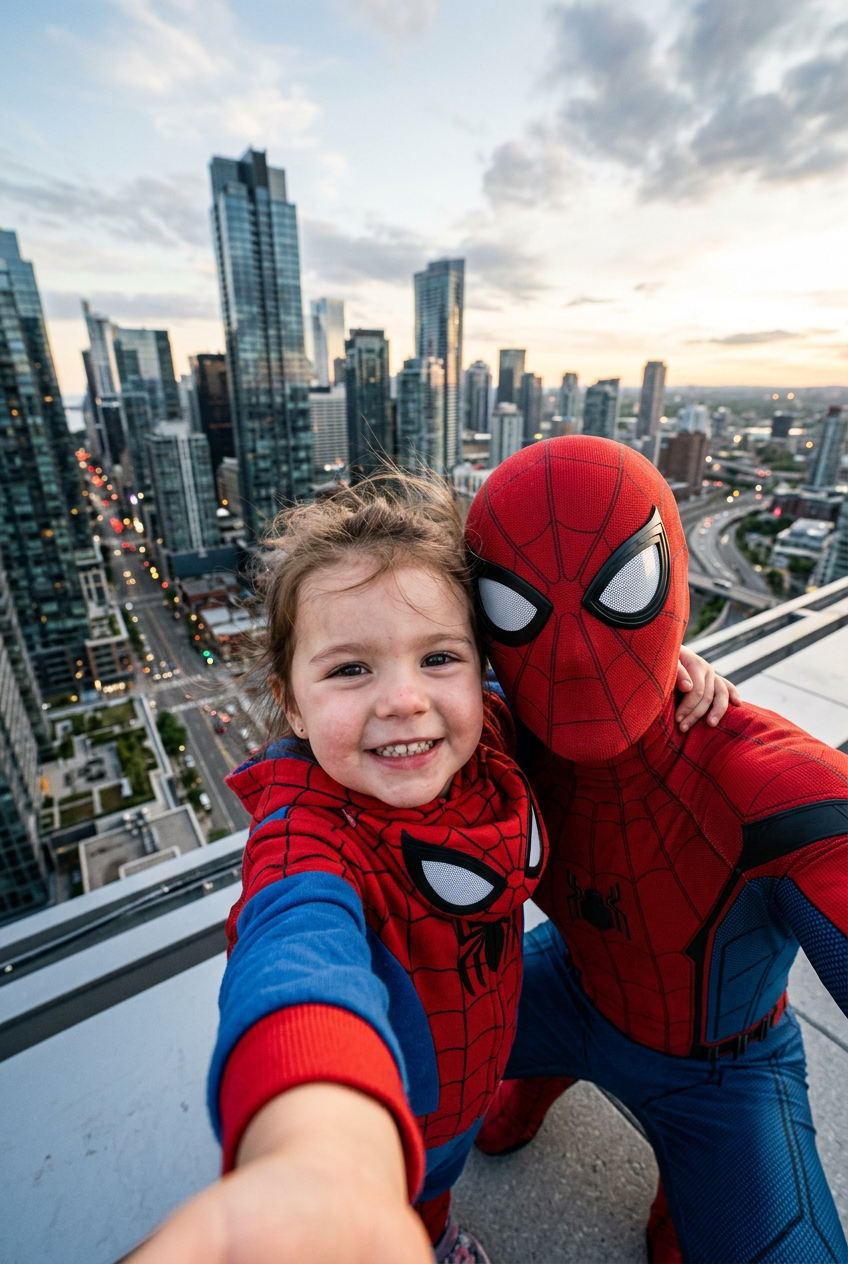 Little Spider Selfie — Selfie AI image prompt example generated with Gemini (spiderman, selfie)