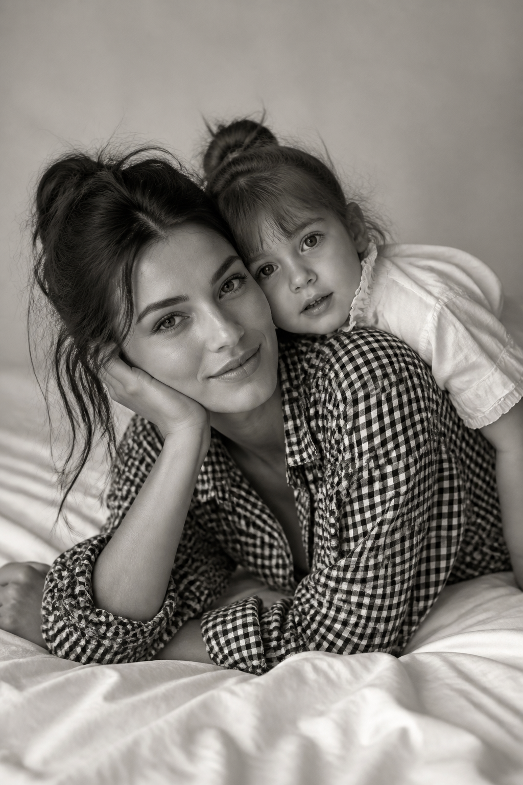 Maternal Tenderness Portrait — Portrait AI image prompt example generated with Gemini (motherhood, monochrome)