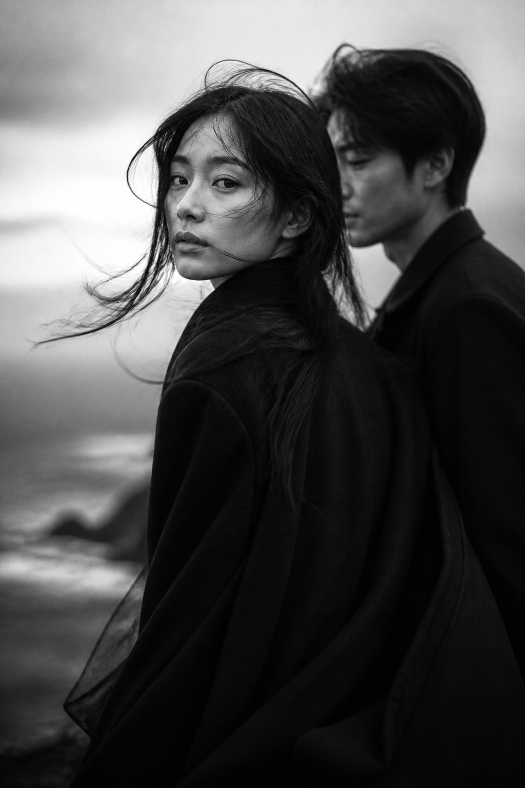 Monochrome Coastal Cinematic — Cinematic AI image prompt example generated with Gemini (monochrome, cinematic)