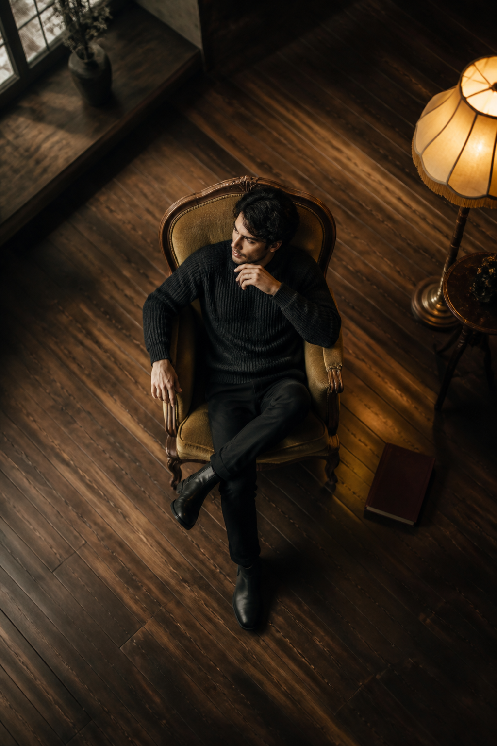 Overhead Cinematic Portrait — Cinematic AI image prompt example generated with Nano Banana (cinematic, armchair)