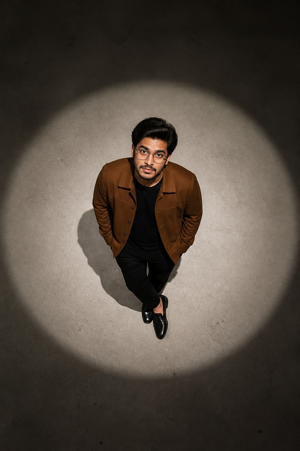 Overhead Spotlight Portrait — Editorial AI image prompt example generated with Gemini (overhead, spotlight)