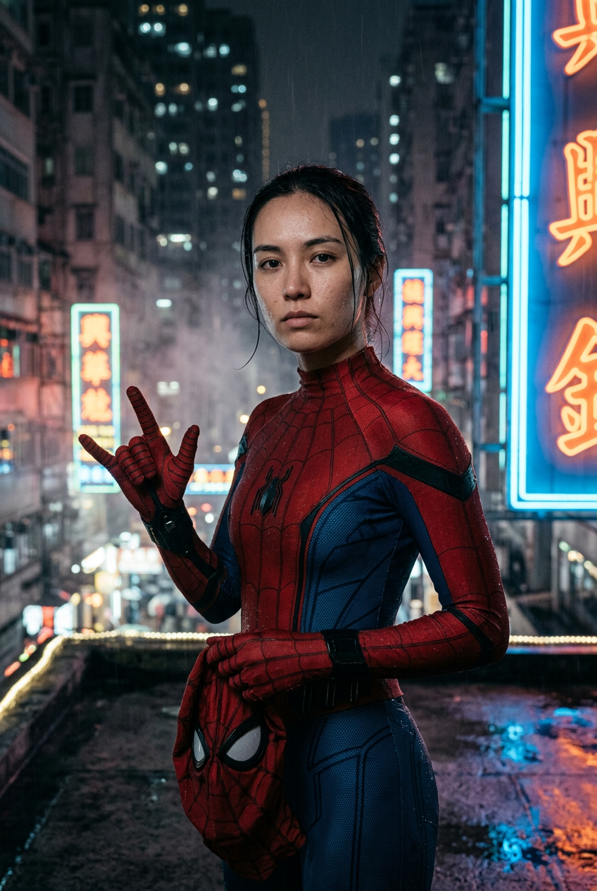 Spider-Man Rooftop Portrait — Cinematic AI image prompt example generated with Nano Banana (spiderman, cinematic)