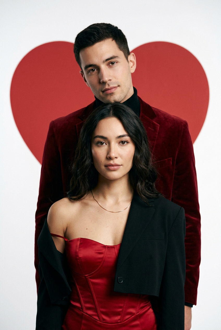 Stacked Valentine Editorial Portrait — Editorial AI image prompt example generated with Nano Banana (valentine, couple)